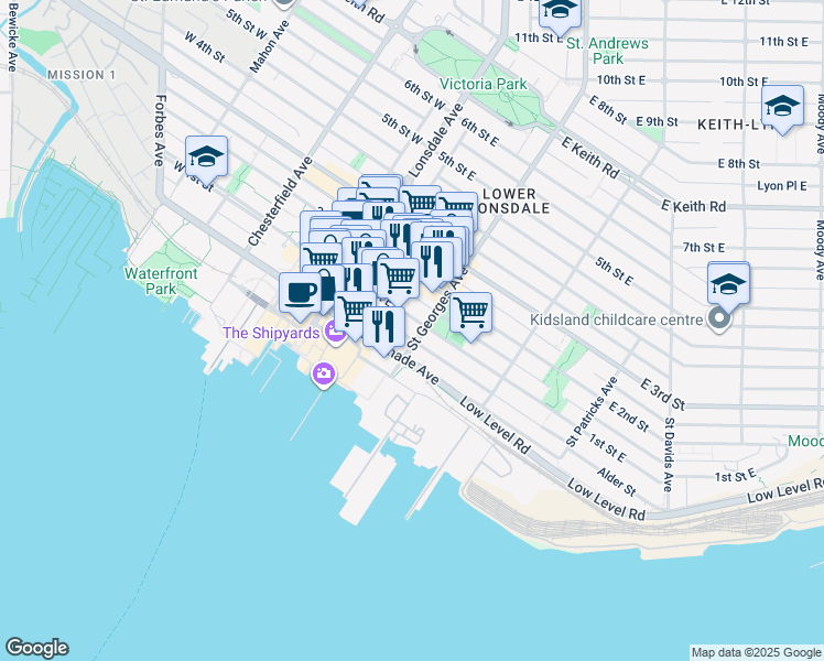 map of restaurants, bars, coffee shops, grocery stores, and more near 175 West 1st Street in North Vancouver