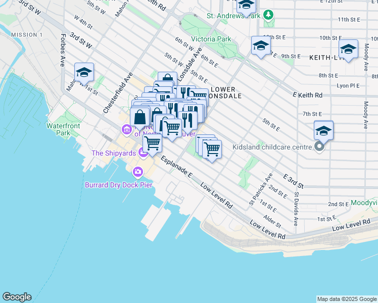 map of restaurants, bars, coffee shops, grocery stores, and more near 106 Saint Georges Avenue in North Vancouver
