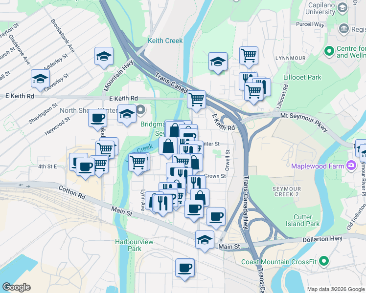 map of restaurants, bars, coffee shops, grocery stores, and more near 1471 Hunter Street in North Vancouver