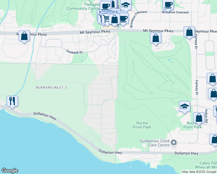 map of restaurants, bars, coffee shops, grocery stores, and more near 602 Lile Drive in North Vancouver