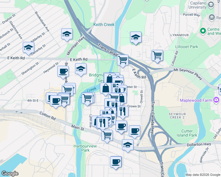 map of restaurants, bars, coffee shops, grocery stores, and more near 1439 Hunter Street in North Vancouver