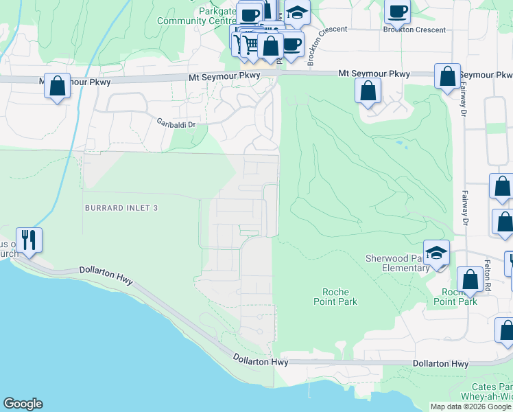 map of restaurants, bars, coffee shops, grocery stores, and more near 3597 Malsum Drive in North Vancouver