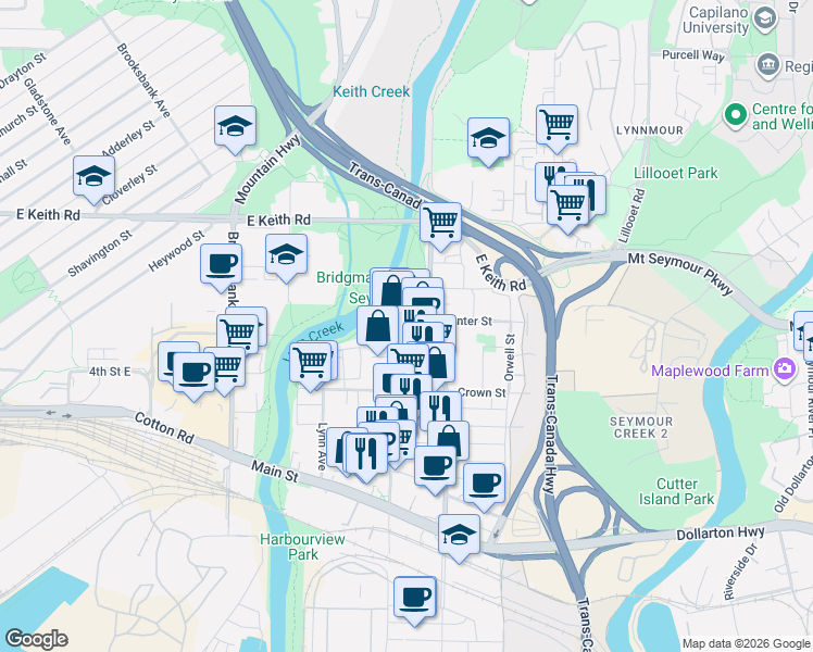 map of restaurants, bars, coffee shops, grocery stores, and more near 1471 Hunter Street in North Vancouver