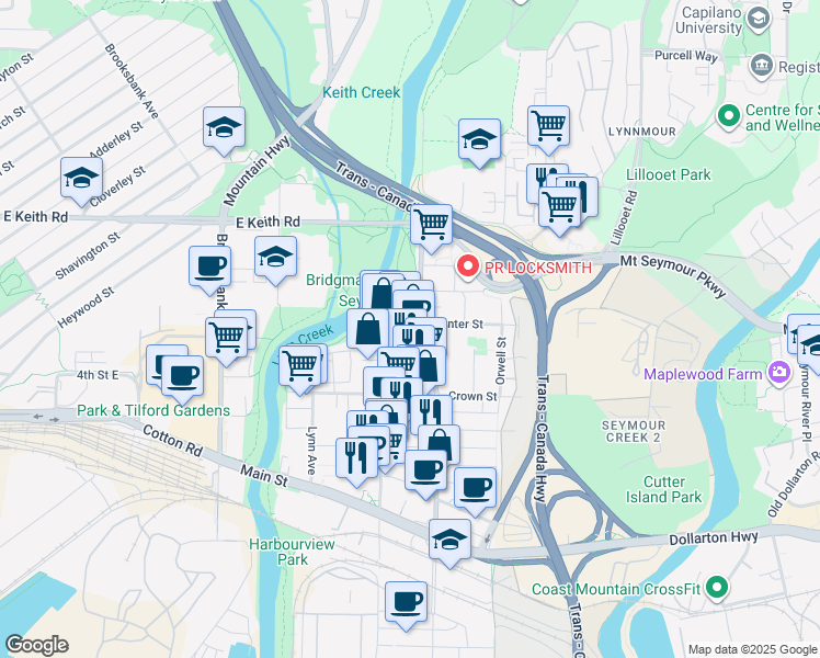 map of restaurants, bars, coffee shops, grocery stores, and more near 1471 Hunter Street in North Vancouver