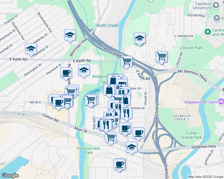 map of restaurants, bars, coffee shops, grocery stores, and more near 1401 Hunter Street in North Vancouver