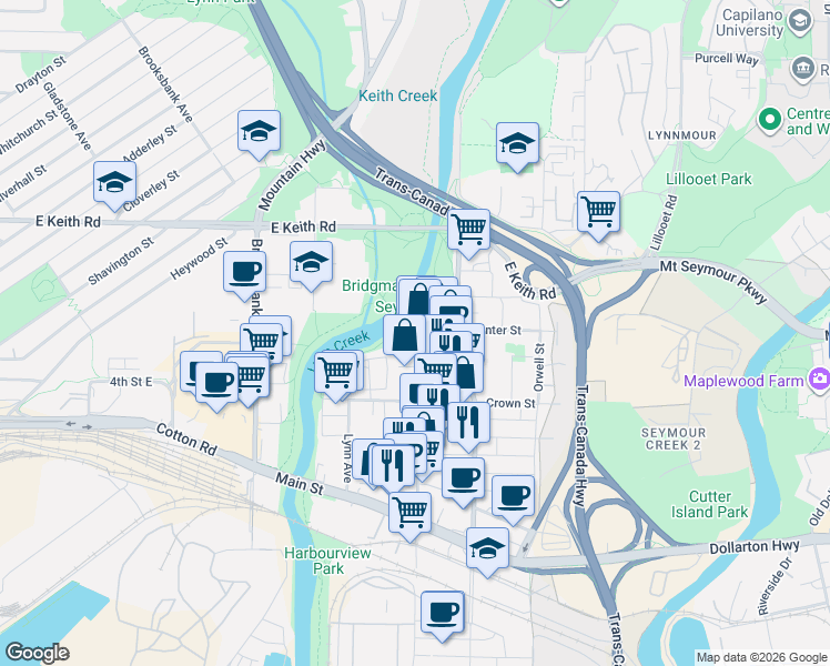 map of restaurants, bars, coffee shops, grocery stores, and more near 1401 Hunter Street in North Vancouver