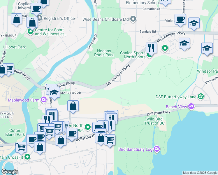 map of restaurants, bars, coffee shops, grocery stores, and more near 2363 Windridge Drive in North Vancouver