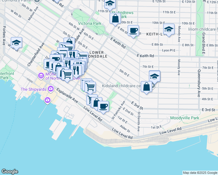 map of restaurants, bars, coffee shops, grocery stores, and more near 352 East 3rd Street in North Vancouver