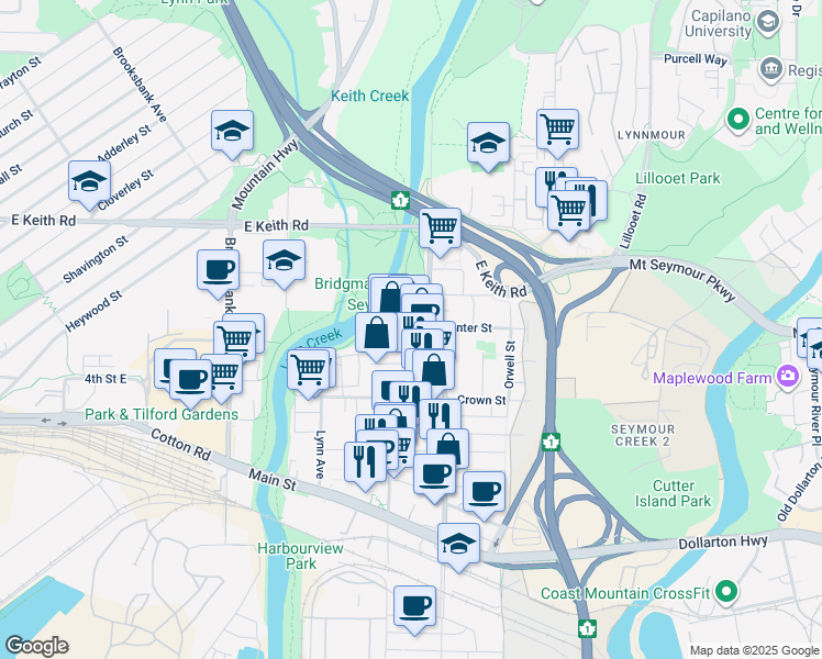 map of restaurants, bars, coffee shops, grocery stores, and more near 1471 Hunter Street in North Vancouver