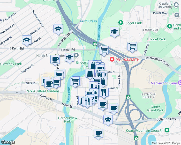 map of restaurants, bars, coffee shops, grocery stores, and more near in North Vancouver