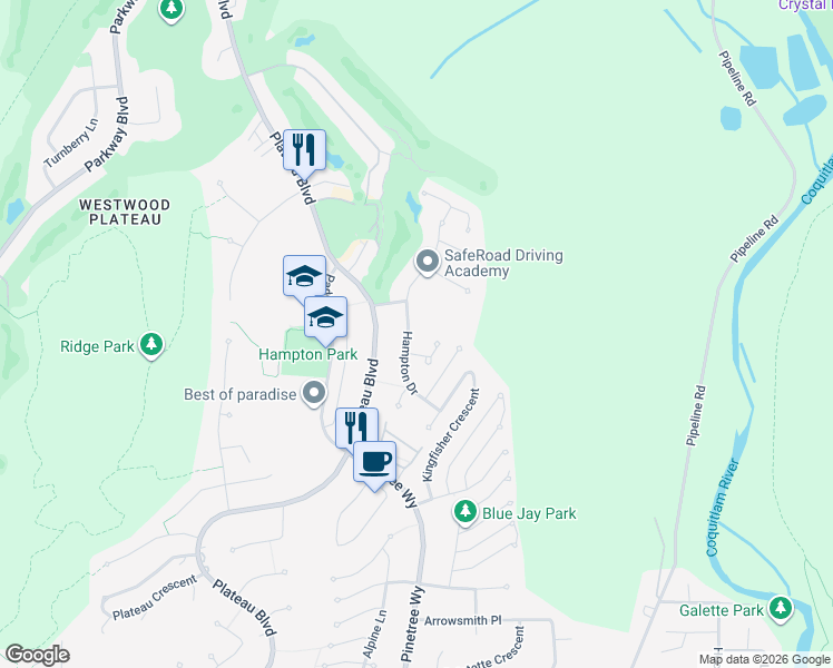 map of restaurants, bars, coffee shops, grocery stores, and more near 1725 Hampton Drive in Coquitlam