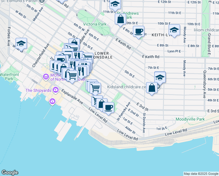map of restaurants, bars, coffee shops, grocery stores, and more near 241 Saint Andrews Avenue in North Vancouver