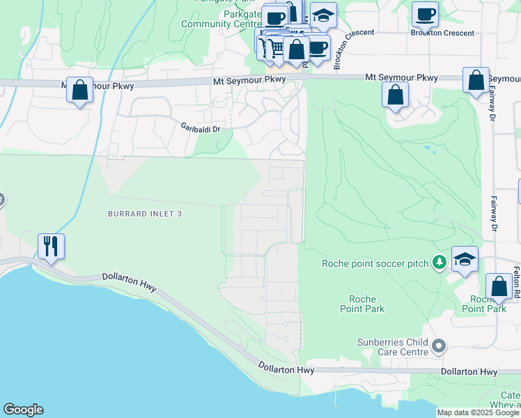 map of restaurants, bars, coffee shops, grocery stores, and more near 3597 Malsum Drive in Burrard Inlet 3