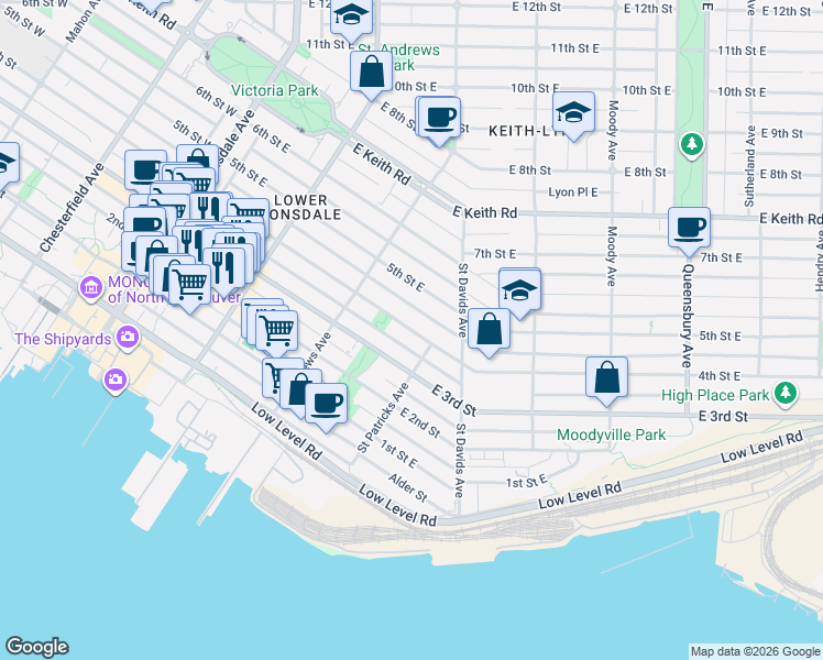 map of restaurants, bars, coffee shops, grocery stores, and more near 358 4th Street East in North Vancouver