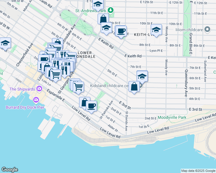 map of restaurants, bars, coffee shops, grocery stores, and more near 343 4th Street East in North Vancouver