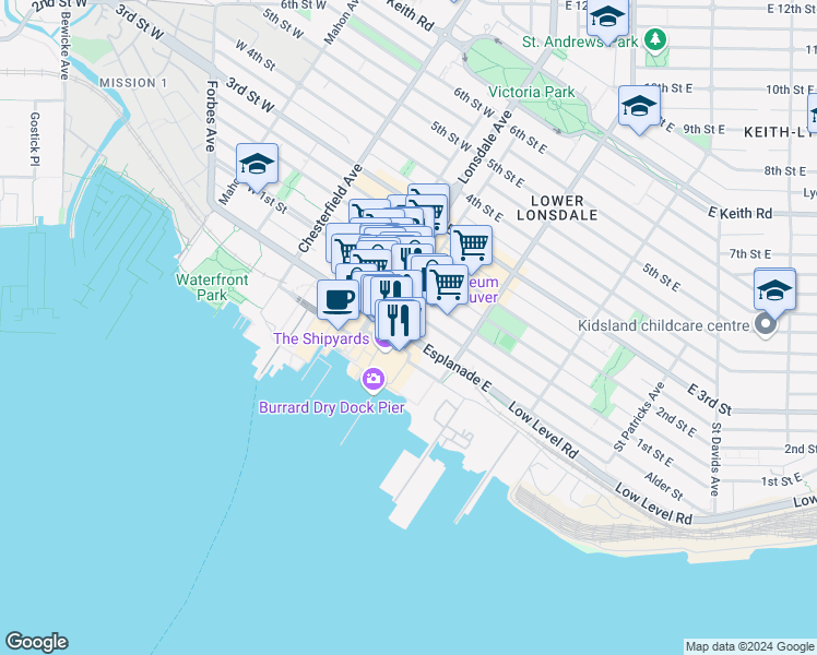 map of restaurants, bars, coffee shops, grocery stores, and more near 138 East Esplanade in North Vancouver