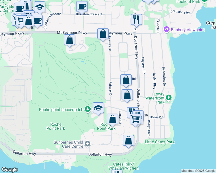 map of restaurants, bars, coffee shops, grocery stores, and more near 655 Fairway Drive in North Vancouver