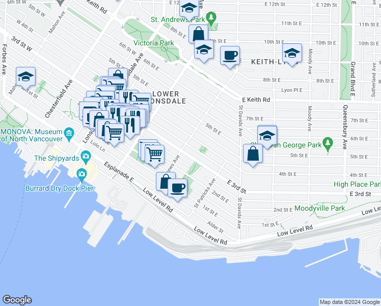 map of restaurants, bars, coffee shops, grocery stores, and more near 314 3rd Street East in North Vancouver