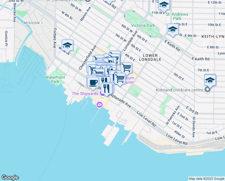 map of restaurants, bars, coffee shops, grocery stores, and more near in North Vancouver