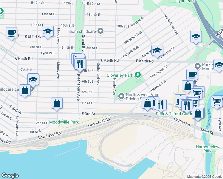 map of restaurants, bars, coffee shops, grocery stores, and more near in North Vancouver