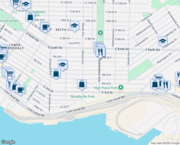 map of restaurants, bars, coffee shops, grocery stores, and more near 628 5th Street East in North Vancouver