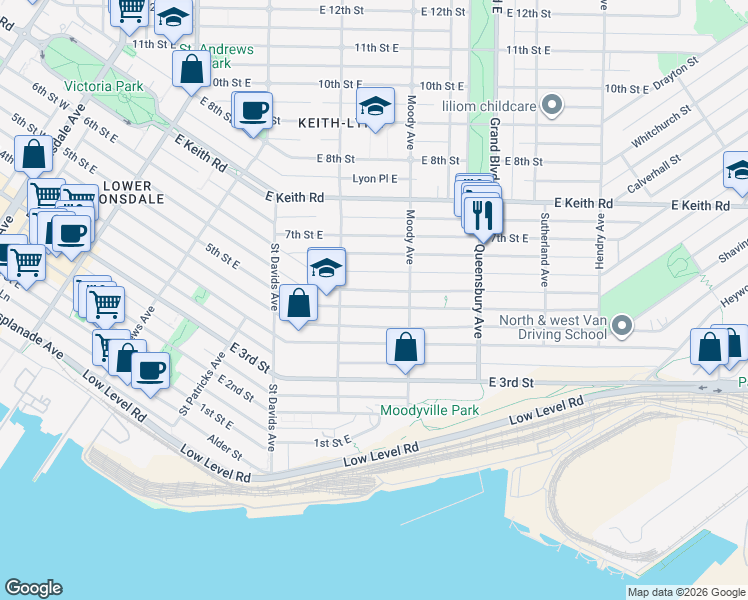 map of restaurants, bars, coffee shops, grocery stores, and more near 532 5th Street East in North Vancouver