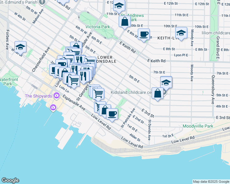 map of restaurants, bars, coffee shops, grocery stores, and more near 340 3rd Street West in North Vancouver