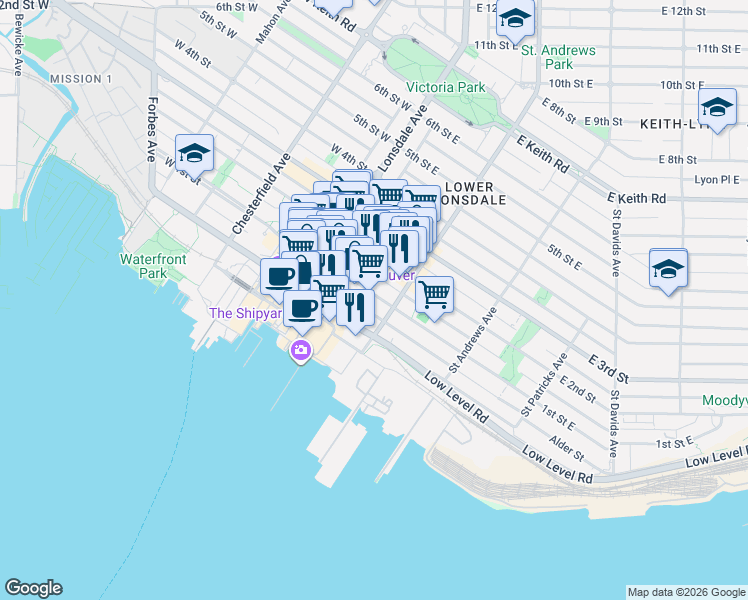 map of restaurants, bars, coffee shops, grocery stores, and more near 161 1st Street East in North Vancouver