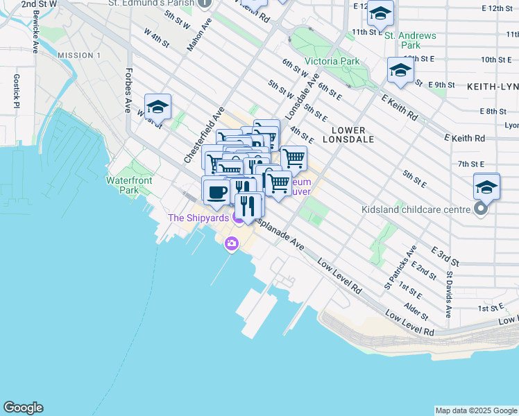 map of restaurants, bars, coffee shops, grocery stores, and more near in North Vancouver