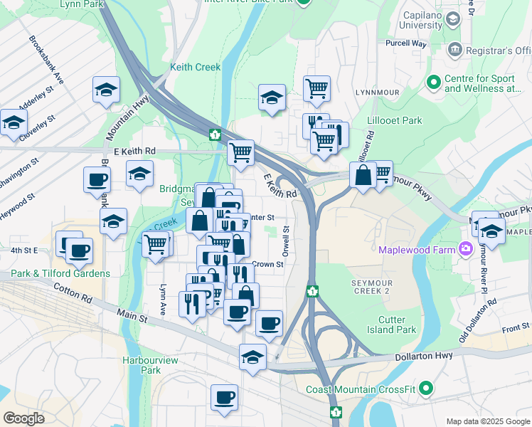 map of restaurants, bars, coffee shops, grocery stores, and more near 1560 Hunter Street in North Vancouver