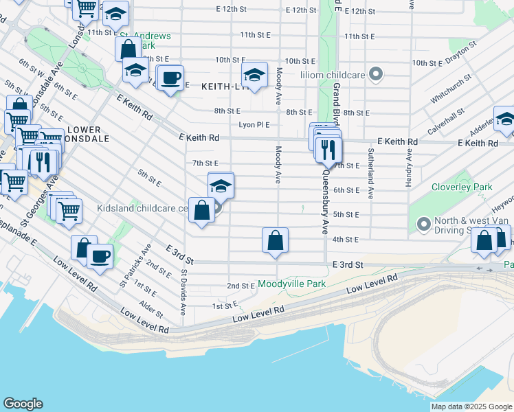 map of restaurants, bars, coffee shops, grocery stores, and more near in North Vancouver