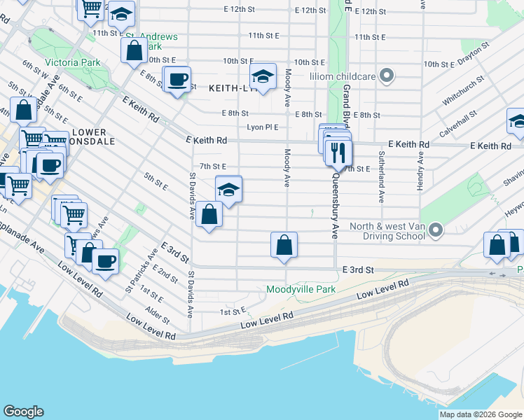 map of restaurants, bars, coffee shops, grocery stores, and more near 532 East 5th Avenue in Vancouver