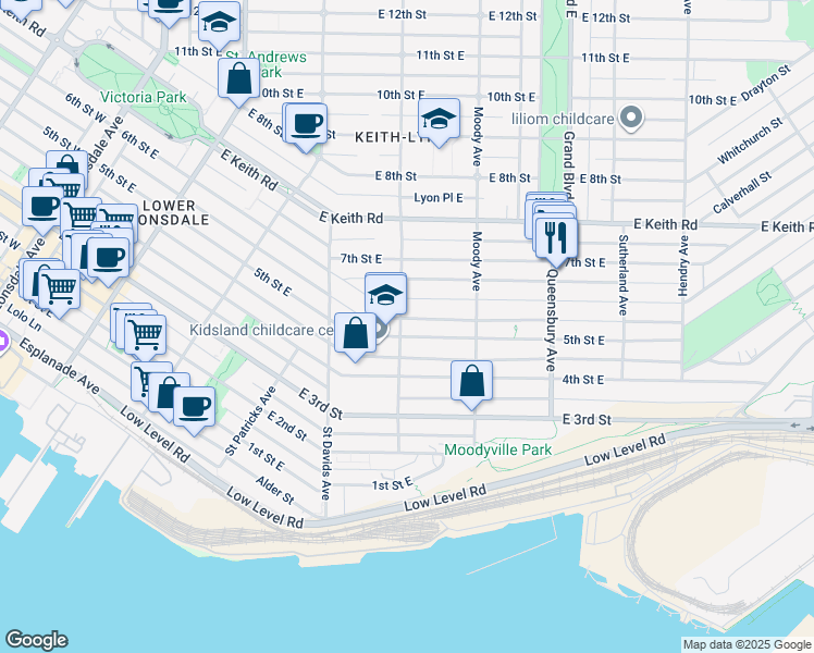 map of restaurants, bars, coffee shops, grocery stores, and more near 504 5th Street East in North Vancouver
