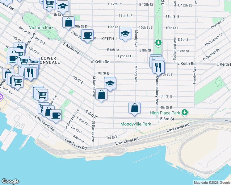 map of restaurants, bars, coffee shops, grocery stores, and more near 502 5th Street East in North Vancouver