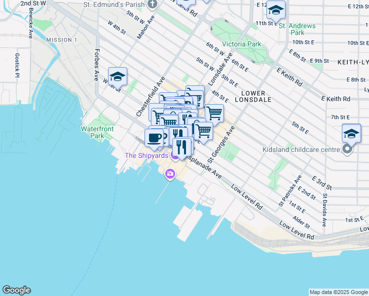 map of restaurants, bars, coffee shops, grocery stores, and more near 138 Esplanade Avenue in North Vancouver