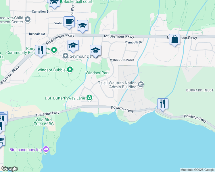 map of restaurants, bars, coffee shops, grocery stores, and more near 2986 Eddystone Crescent in North Vancouver