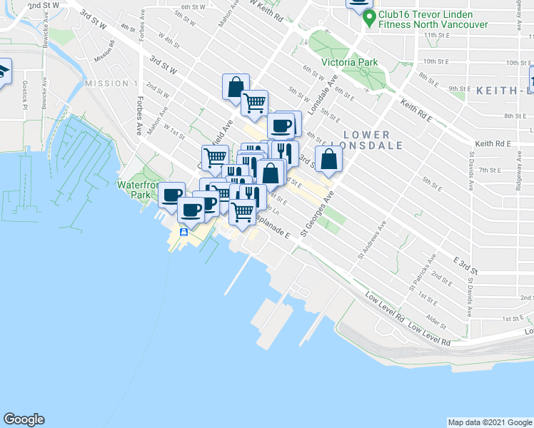 map of restaurants, bars, coffee shops, grocery stores, and more near in North Vancouver