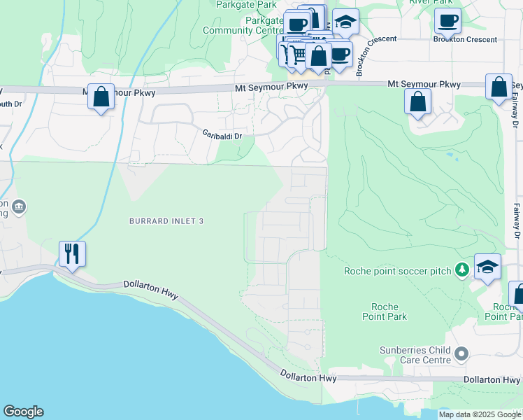 map of restaurants, bars, coffee shops, grocery stores, and more near 3496 Malsum Drive in Metro Vancouver