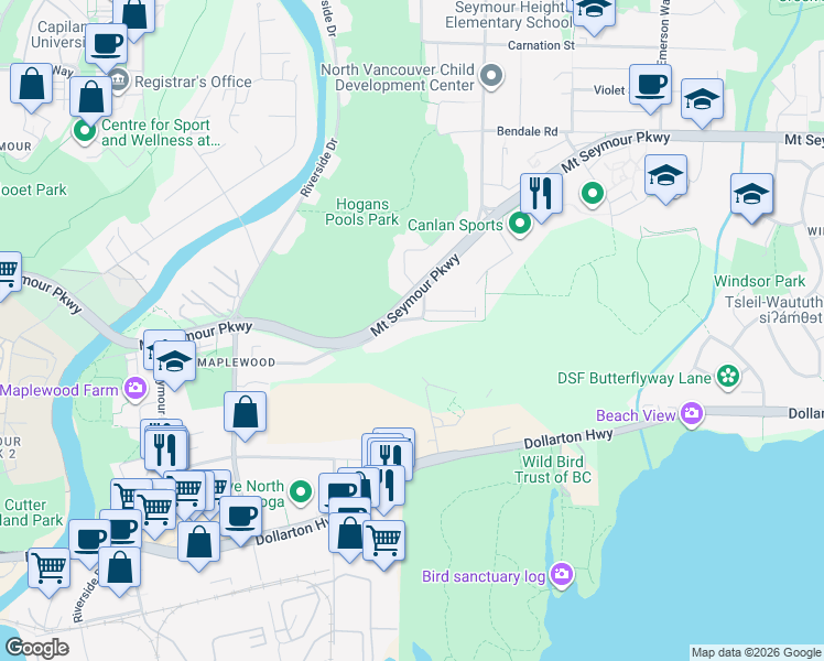 map of restaurants, bars, coffee shops, grocery stores, and more near 2409 Windridge Drive in North Vancouver