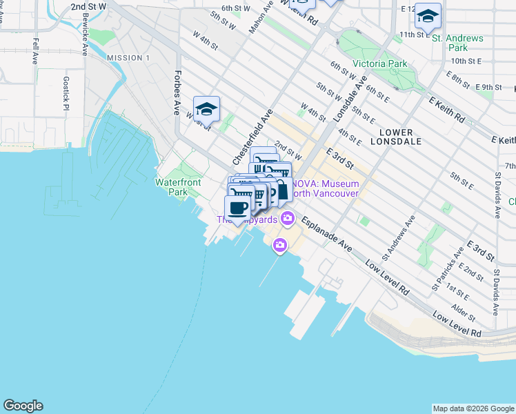 map of restaurants, bars, coffee shops, grocery stores, and more near 118 Carrie Cates Court in North Vancouver