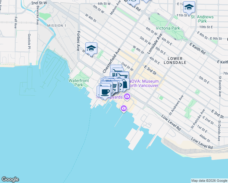 map of restaurants, bars, coffee shops, grocery stores, and more near in North Vancouver