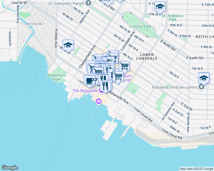 map of restaurants, bars, coffee shops, grocery stores, and more near in North Vancouver