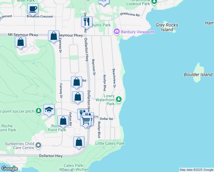 map of restaurants, bars, coffee shops, grocery stores, and more near 674 Roslyn Boulevard in North Vancouver