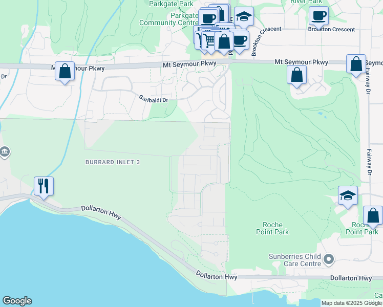 map of restaurants, bars, coffee shops, grocery stores, and more near 3596 Malsum Drive in North Vancouver