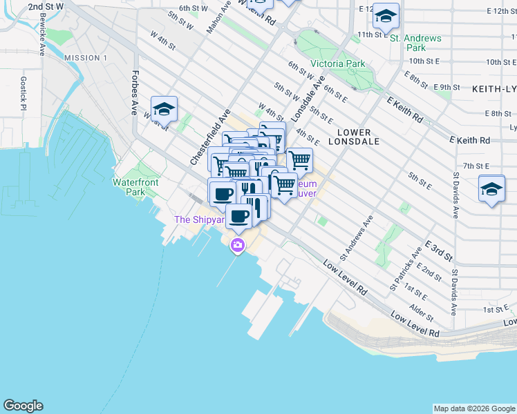 map of restaurants, bars, coffee shops, grocery stores, and more near 138 Esplanade East in North Vancouver