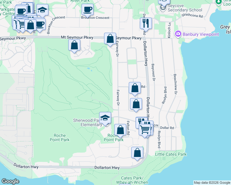 map of restaurants, bars, coffee shops, grocery stores, and more near 667 Fairway Drive in North Vancouver