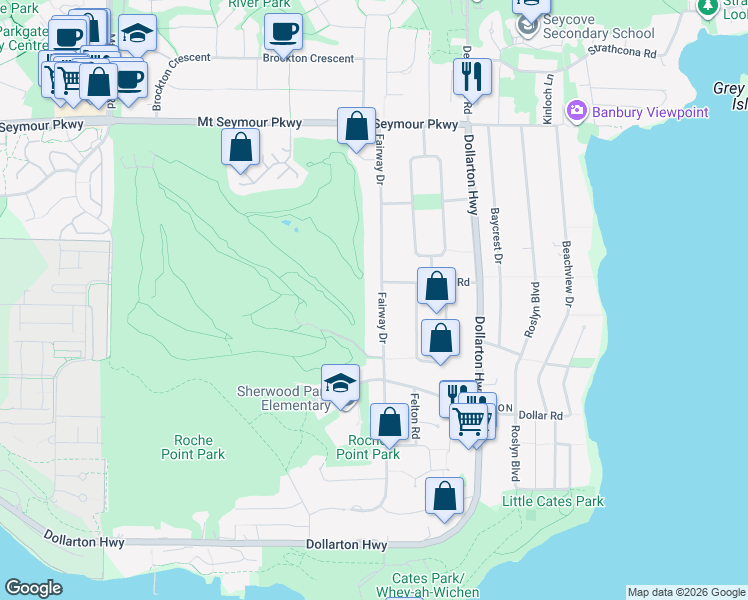 map of restaurants, bars, coffee shops, grocery stores, and more near 667 Fairway Drive in North Vancouver