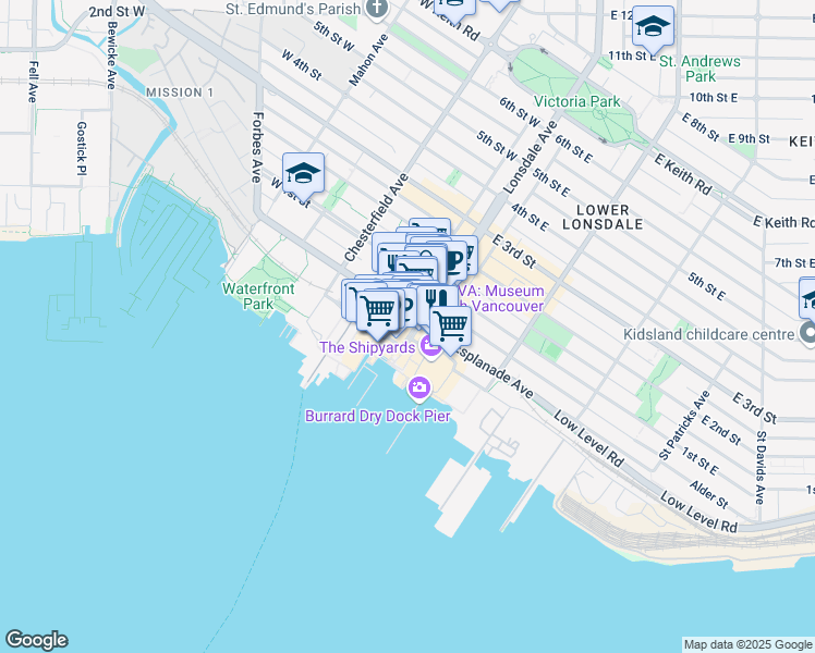 map of restaurants, bars, coffee shops, grocery stores, and more near in North Vancouver