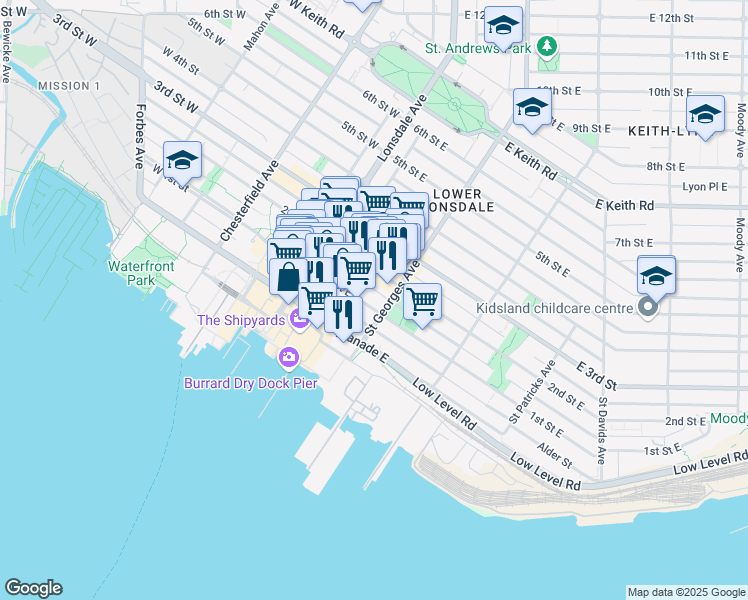 map of restaurants, bars, coffee shops, grocery stores, and more near 170 1st Street East in North Vancouver