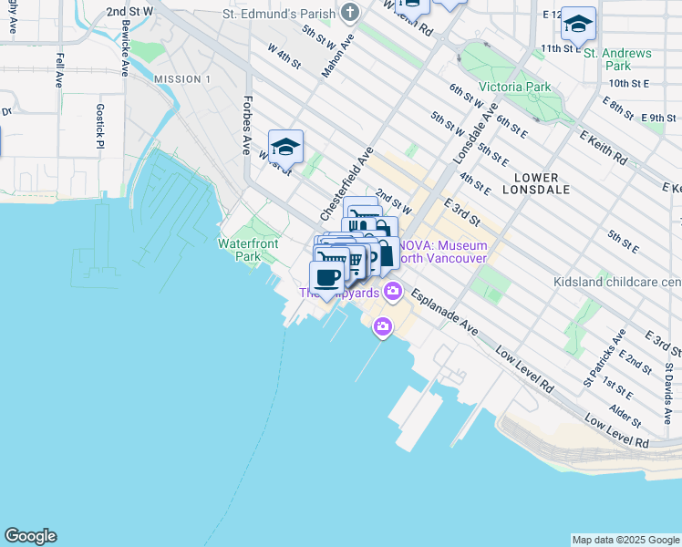 map of restaurants, bars, coffee shops, grocery stores, and more near 118 Carrie Cates Court in North Vancouver